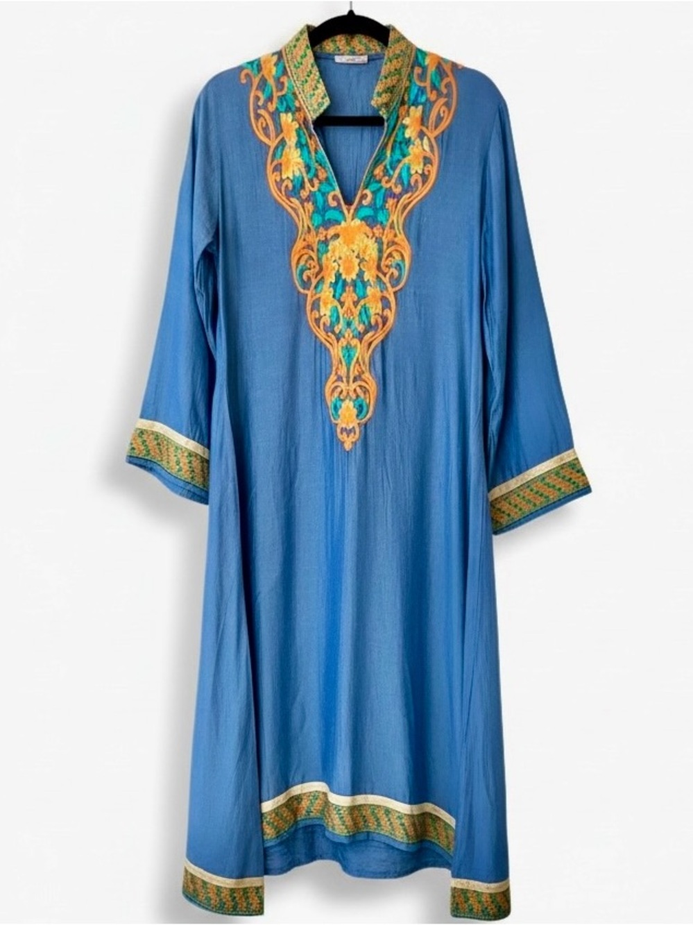 Denim Blue Color Embroidered Midi Dress w/Gold Accent ** See denim color pic#2